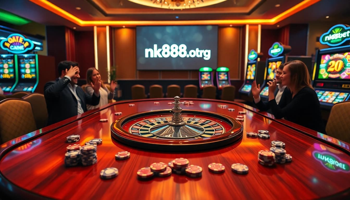 Players enjoying a thrilling game at nk88bet.org casino with roulette and poker elements.
