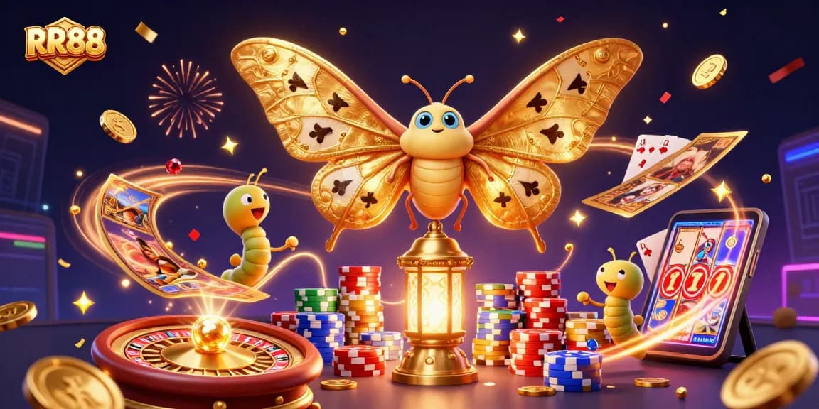 Engage with RR88 casino excitement featuring a vibrant illustration of an atlas moth amidst golden treasures.