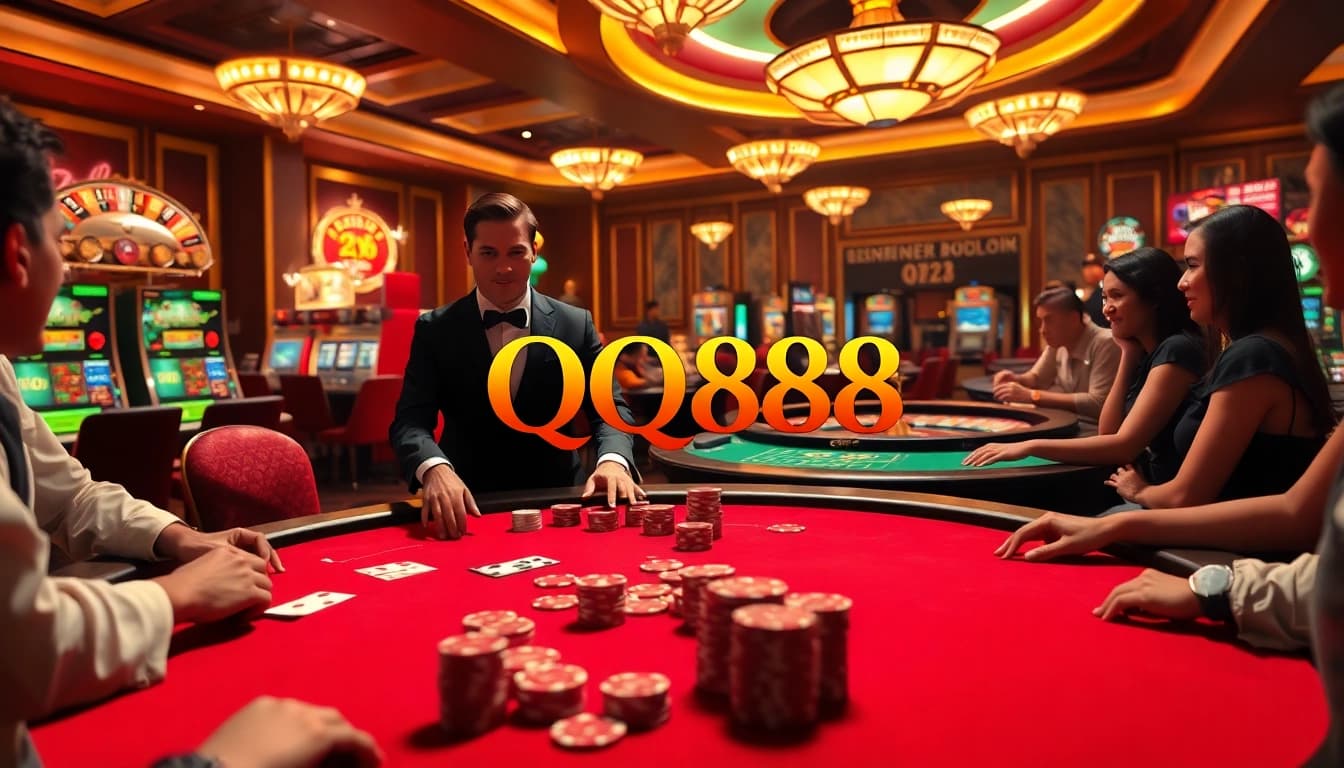 Experience the excitement of QQ88 with players engaging at a luxurious poker table in a vibrant casino setting.