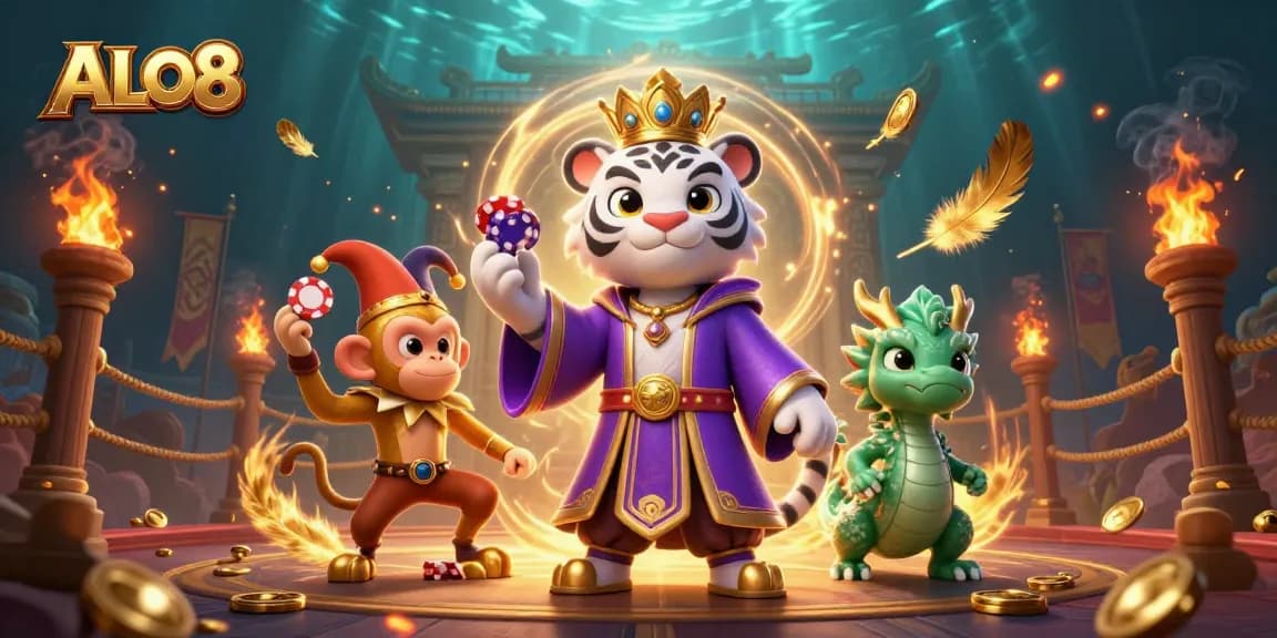 Experience thrilling gameplay at ALO8 with dynamic casino characters in a vibrant 3D illustrated scene.
