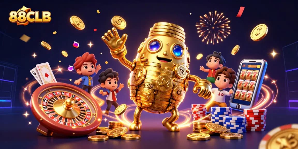 88CLB reels in excitement with a golden golem amidst dynamic casino elements.