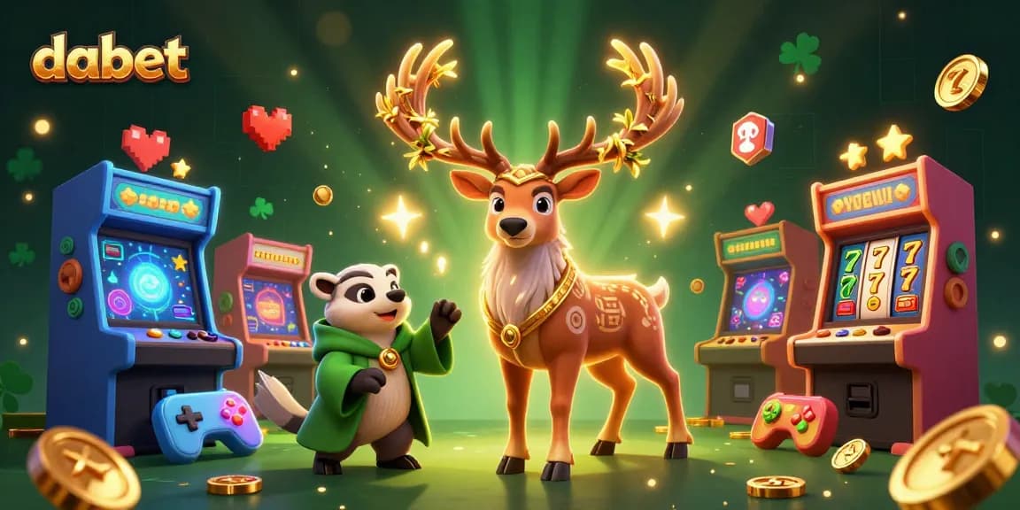 dabet invites players to spin the slots with a whimsical Celtic druid stag and wise badger amid vibrant gaming elements.
