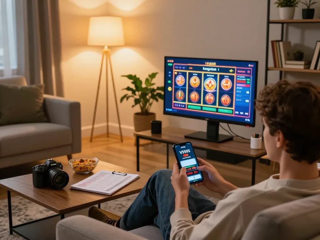 Engaged player using the VS555 Bangladesh casino app on a smartphone during home gaming session.
