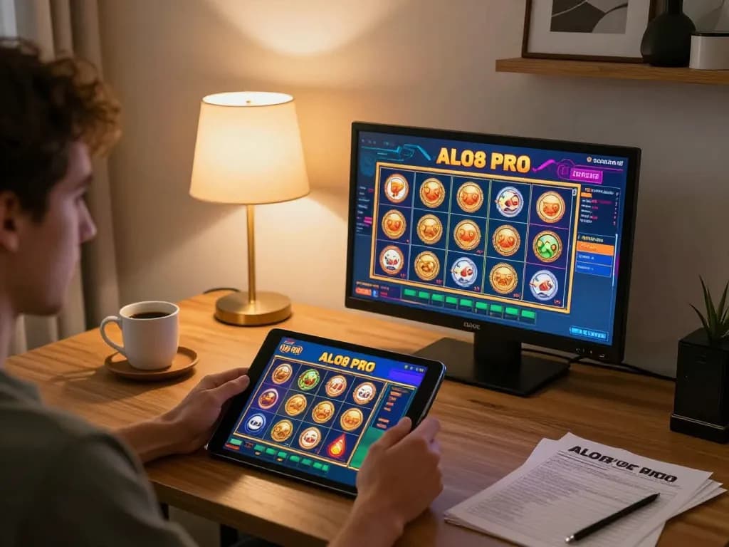 Player engaging in ALO8 PRO online casino gaming at home with tablet and strategy notes