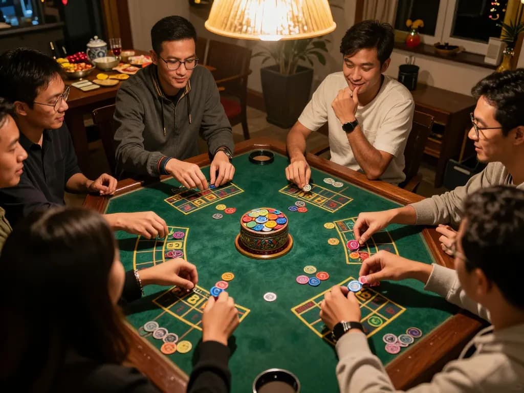 Xóc đĩa game in action during a lively home gathering with friends strategizing bets.