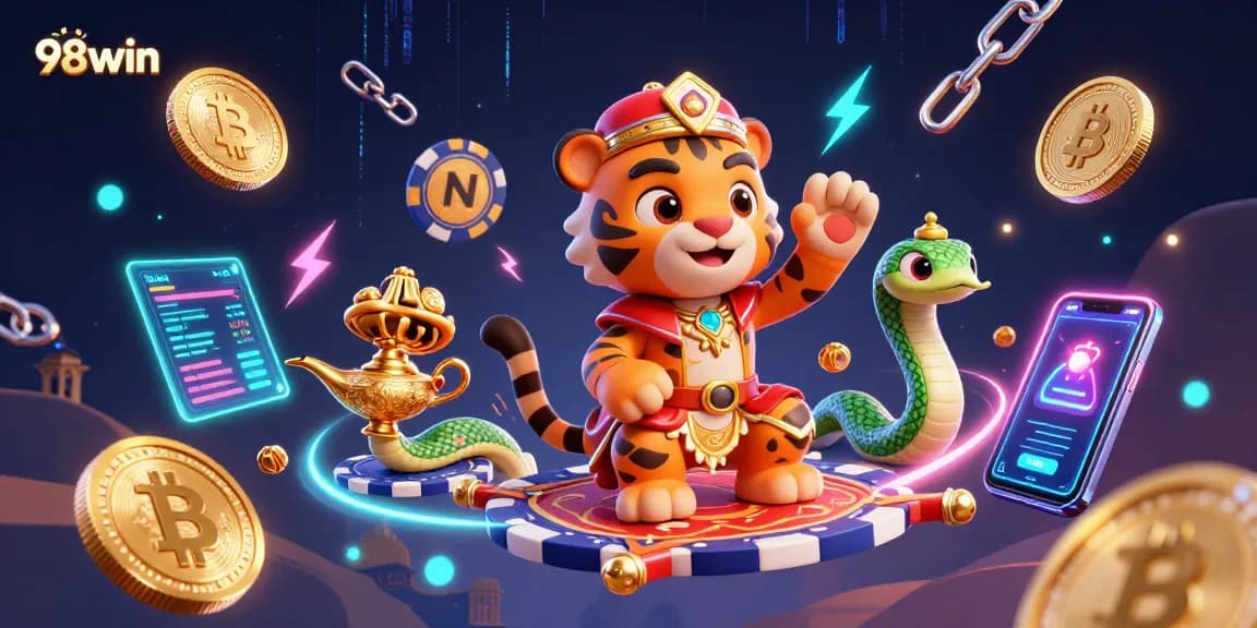 Engage with 98win's vibrant casino experience featuring a cartoon tiger sultan on a magic carpet amid rich gaming symbols.