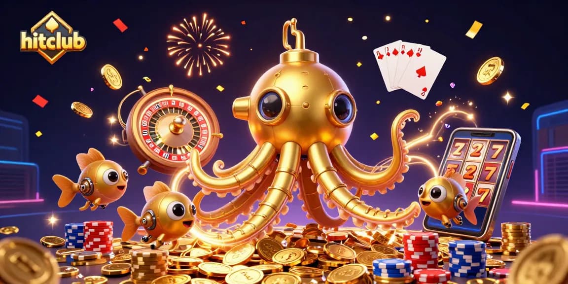 Experience the thrill of hitclub with a golden kraken submarine amidst swirling coins and dynamic casino elements.