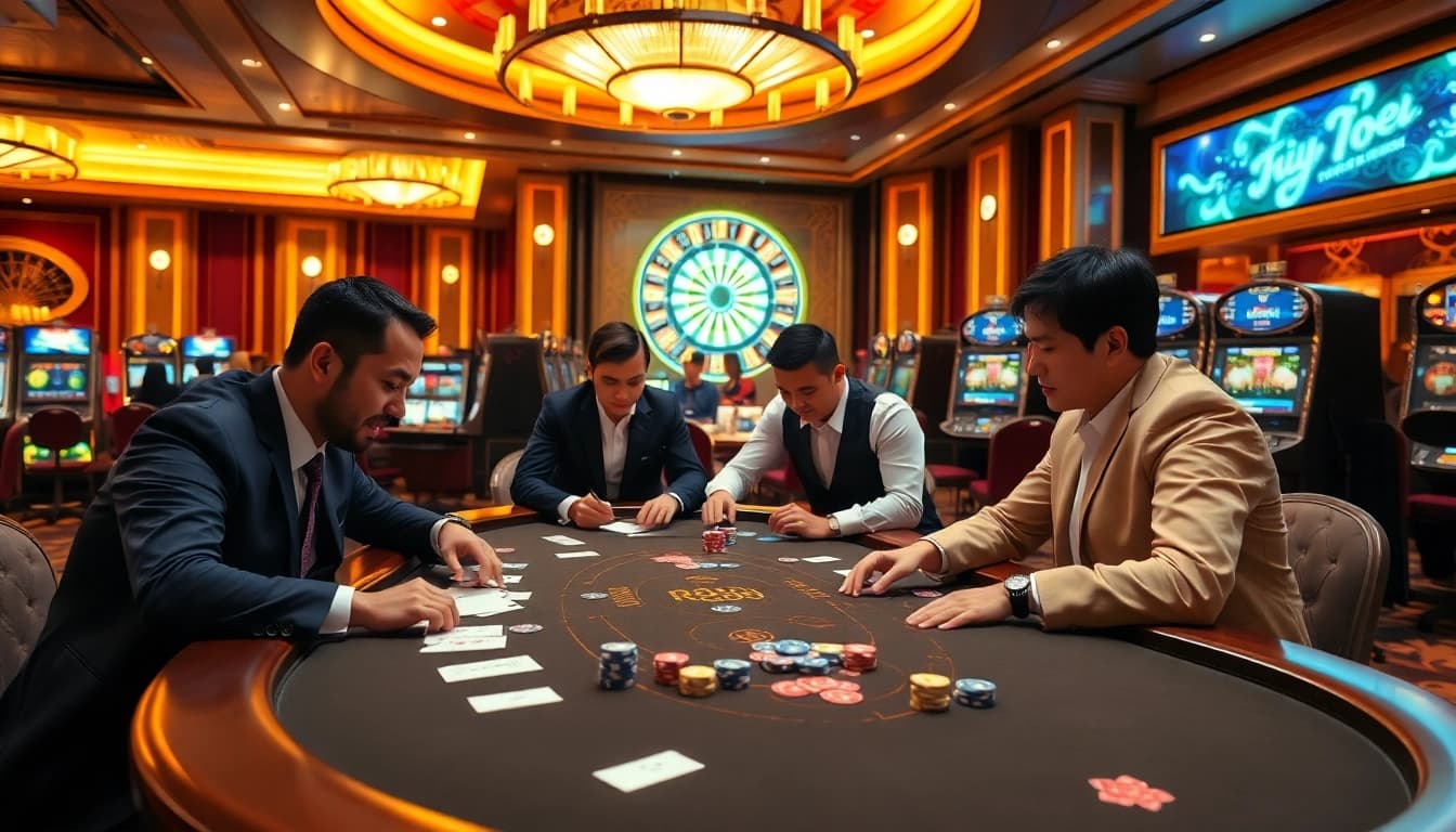 Exciting casino scene at rr88 with professional gamblers at the table and vibrant roulette wheel in background.