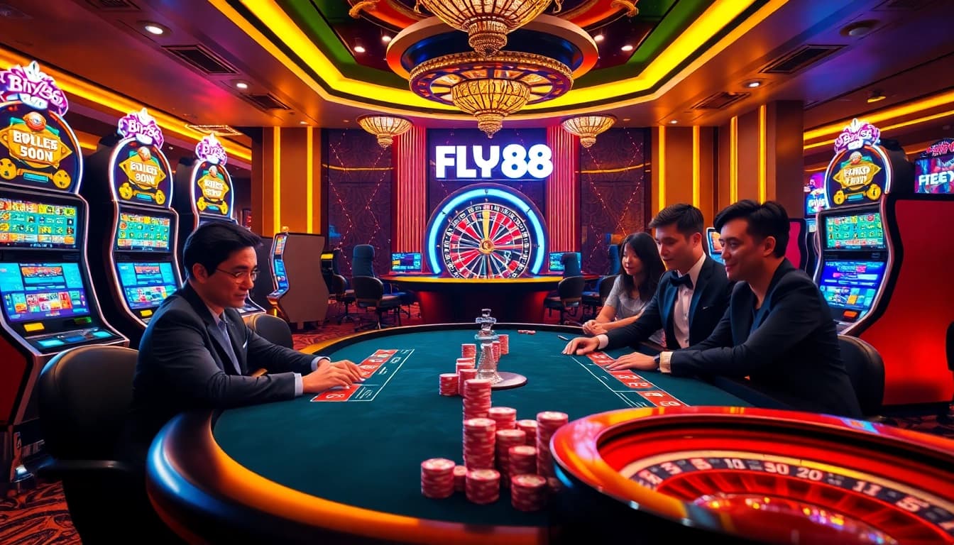 Casino players enjoying a poker game at FLY88, surrounded by vibrant slot machines.