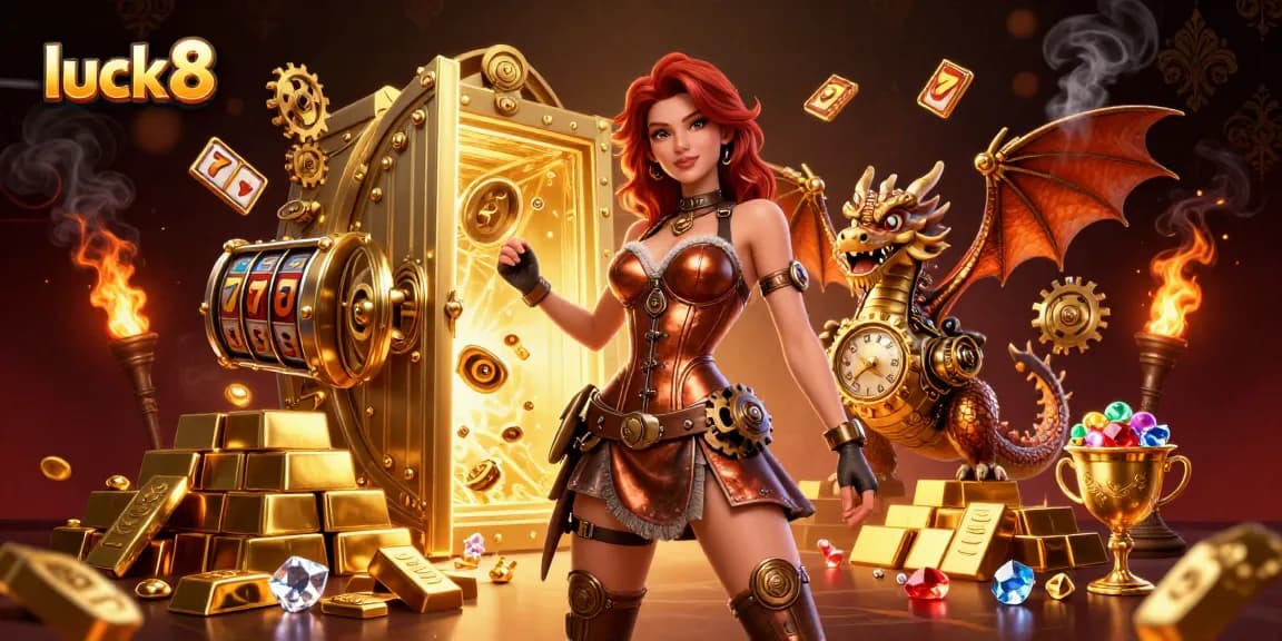 Experience luck8 gaming excitement with stunning steampunk characters and vibrant casino elements.