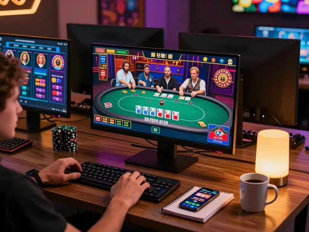 Engaging player using fly8800 for online casino gaming at a modern desk setup, showcasing poker gameplay.