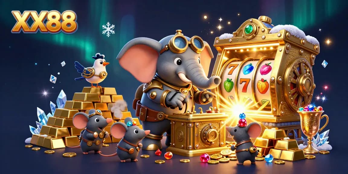 Spin the reels at XX88 with a cartoon elephant engineer alongside treasures and lucky symbols.
