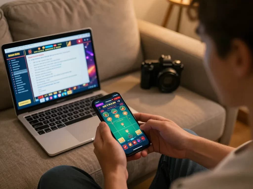 Player enjoying fun79 com mobile gaming, engaged in casino apps at home during evening