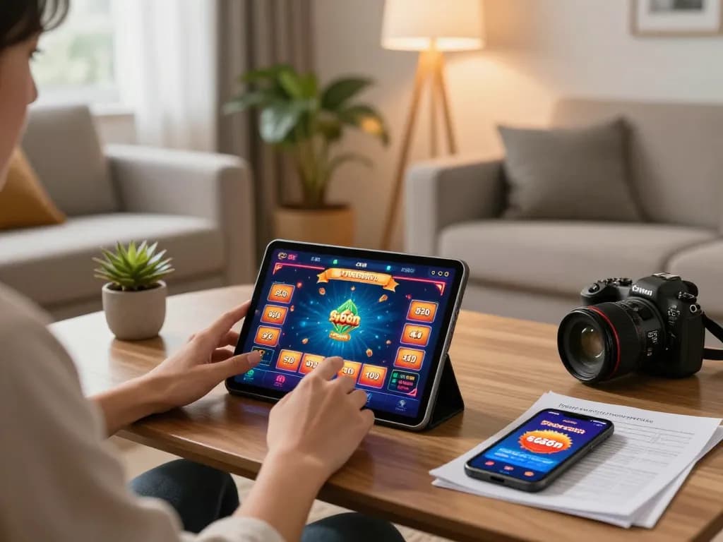 Player engaging in casino gameplay on tablet showcasing s666hn interface with vibrant graphics in cozy home.