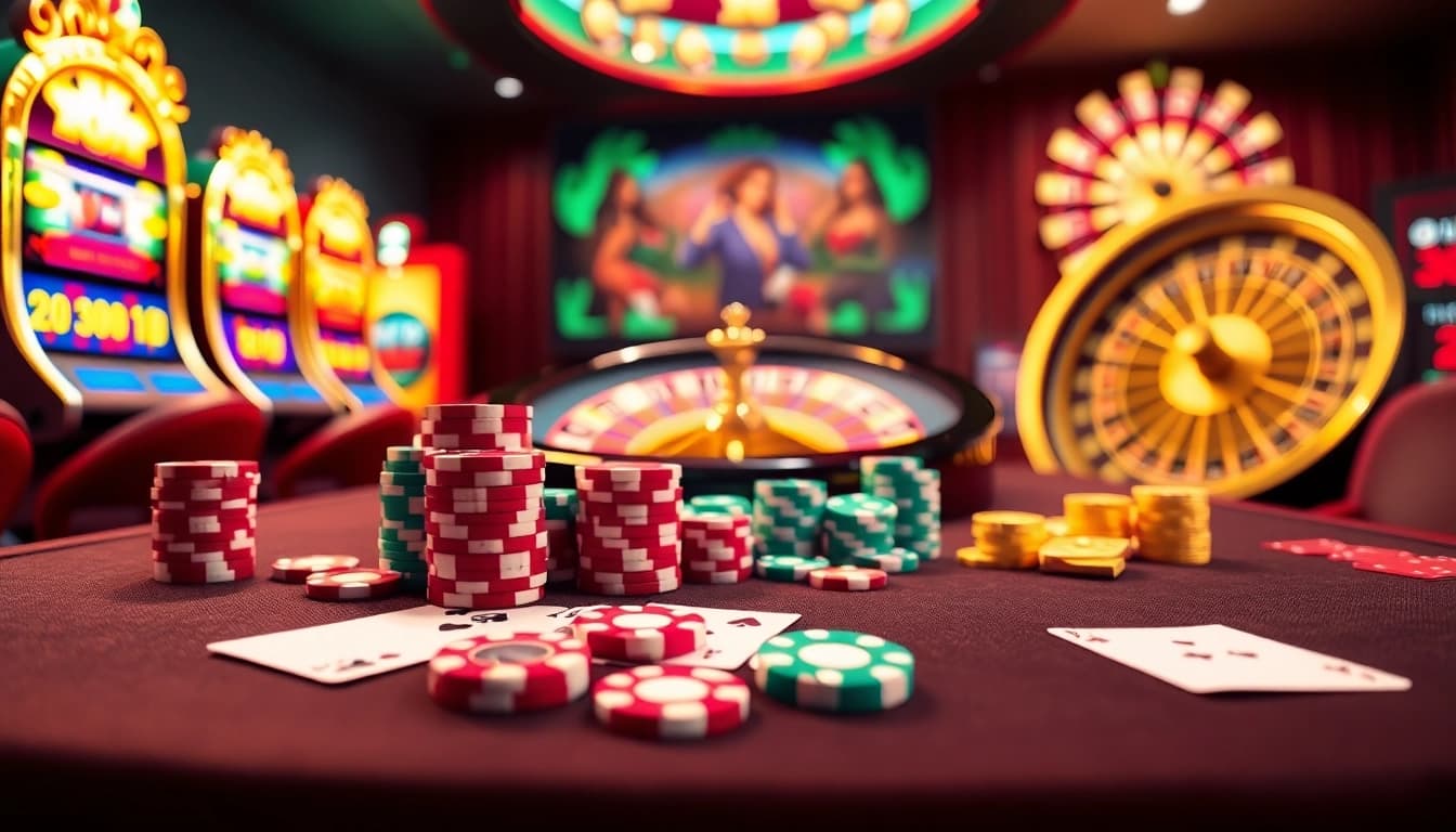 Experience the thrill at https://g28.wtf/ with an exciting casino scene full of poker chips and vibrant gaming tables.