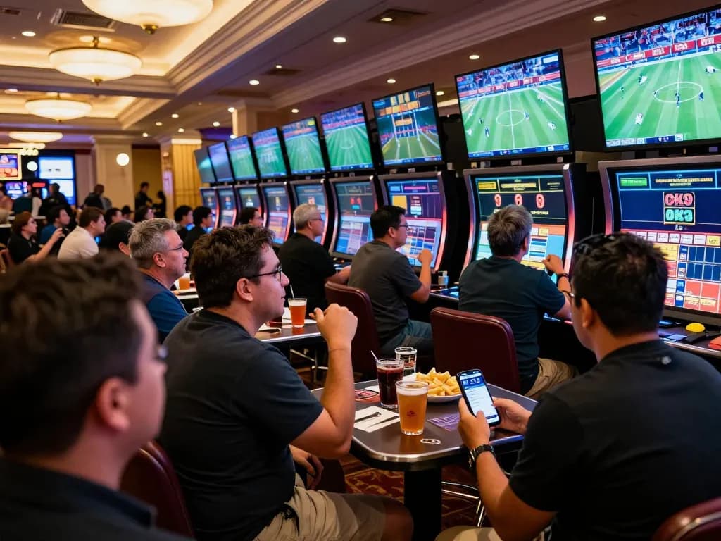 Excited bettors analyzing sports events using the Ok9 betting app at a lively Las Vegas sportsbook