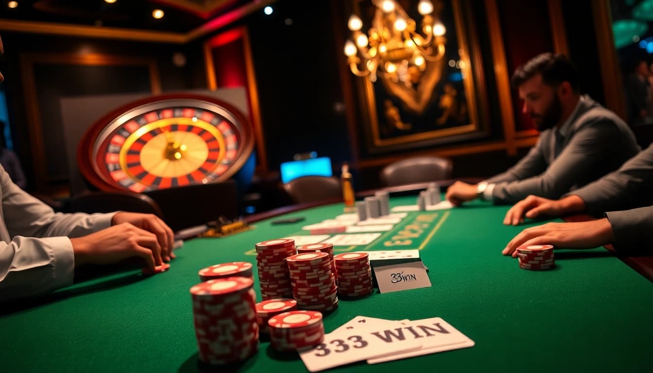 Experience the thrill of 33WIN at a high-stakes poker table filled with vibrant chips and cards.