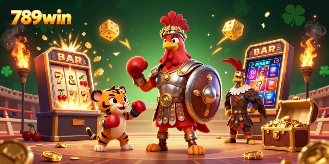 Spin and win at 789win with an action-packed casino scene of a gladiator rooster and dynamic gaming elements.
