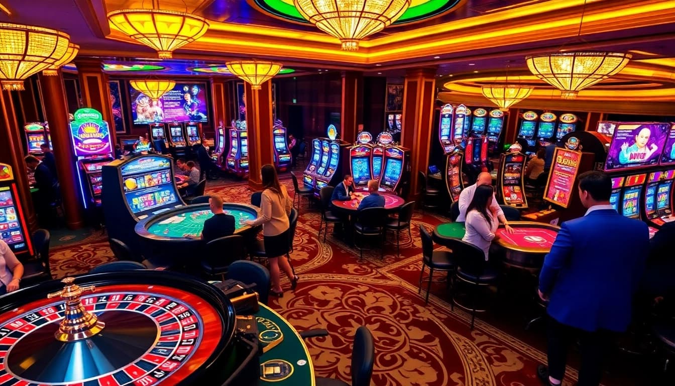 A lively casino gaming floor illustrating excitement and professionalism at 98win with roulette wheels and vibrant slot machines.