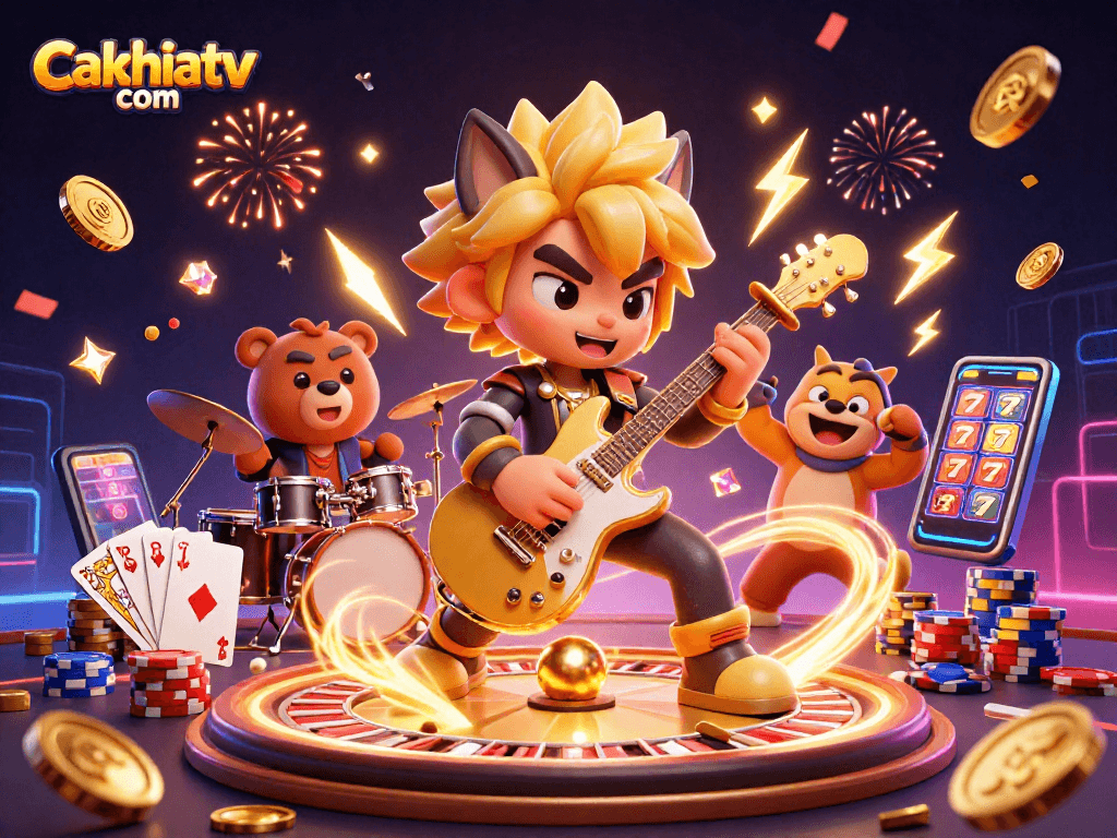 Experience excitement at Cakhiatv com with a vibrant casino scene of fun characters and winning moments.