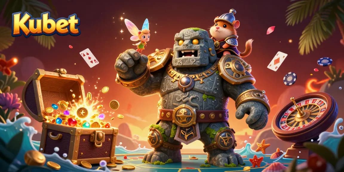 Experience the thrill of Kubet casino with a magical golem and fairy surrounded by gaming elements.