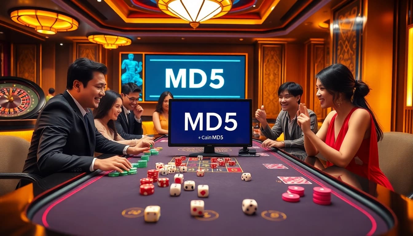 Tài xỉu MD5 players engaging in a thrilling online casino atmosphere with dice and betting chips.