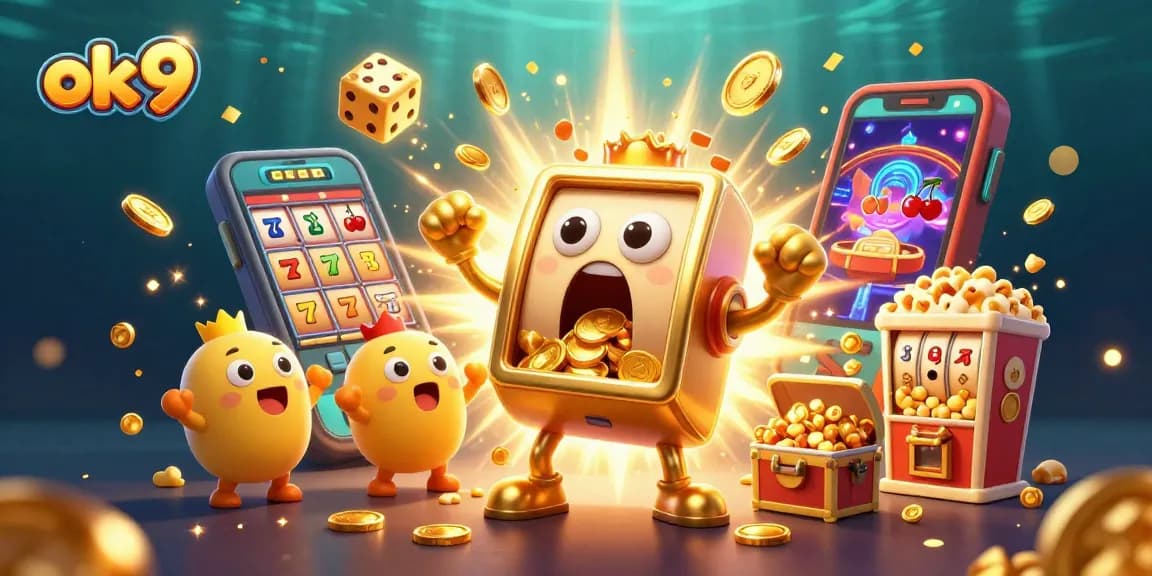 Engage with the exciting world of ok 9 as golden slot machines celebrate a jackpot victory amidst vibrant casino elements.