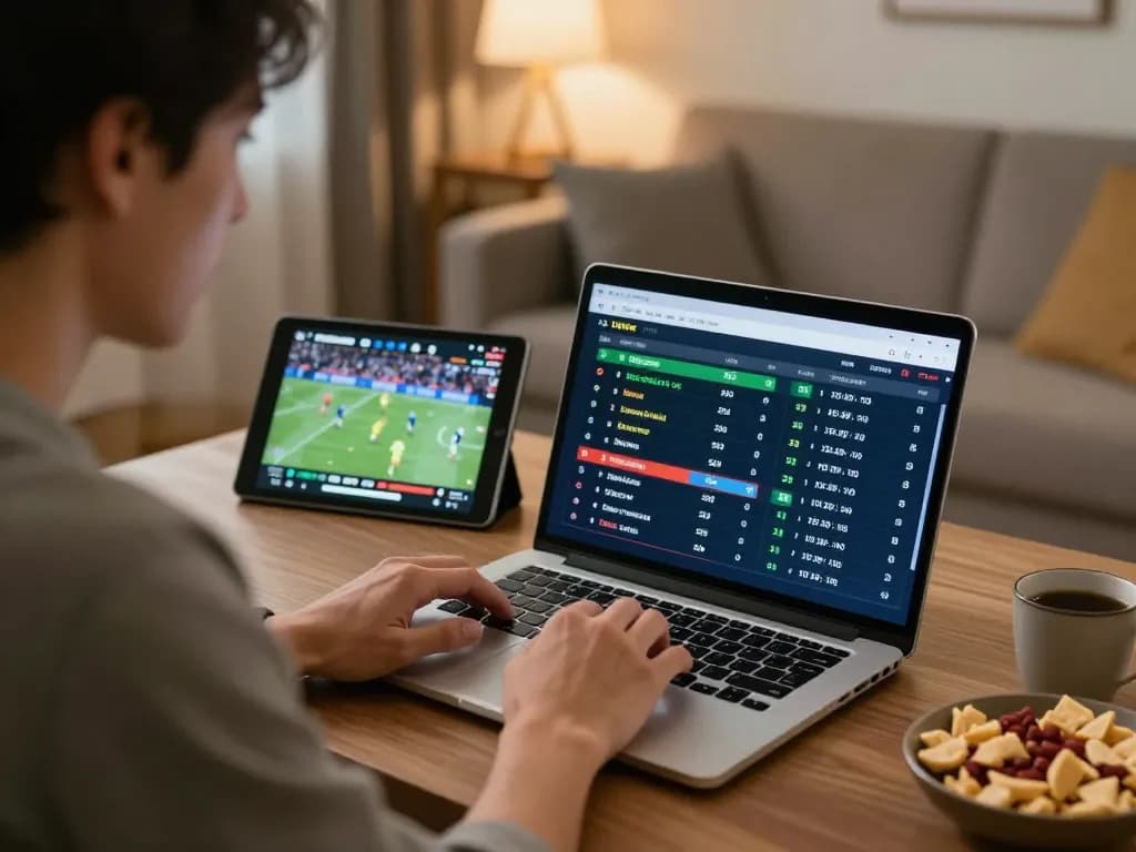 HI88 player making strategic sports bets while analyzing odds on laptop and tablet in cozy home setting
