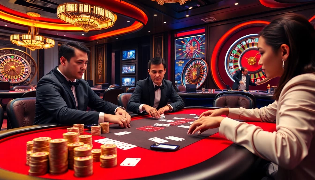 Experience the excitement of LuckyWin at a luxurious poker table surrounded by high-stakes action.