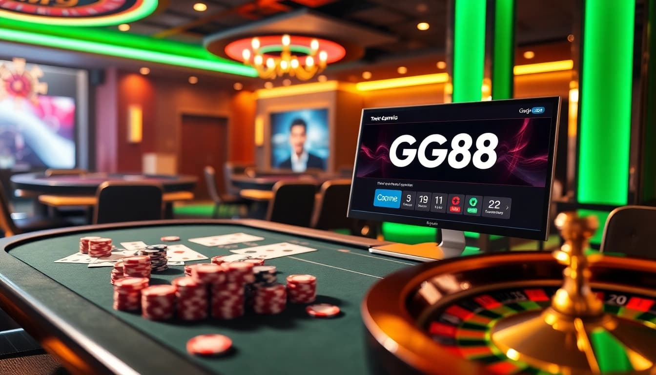 “Gamble with excitement at GG88, showcasing a vibrant casino table with cards, chips, and a roulette wheel.”