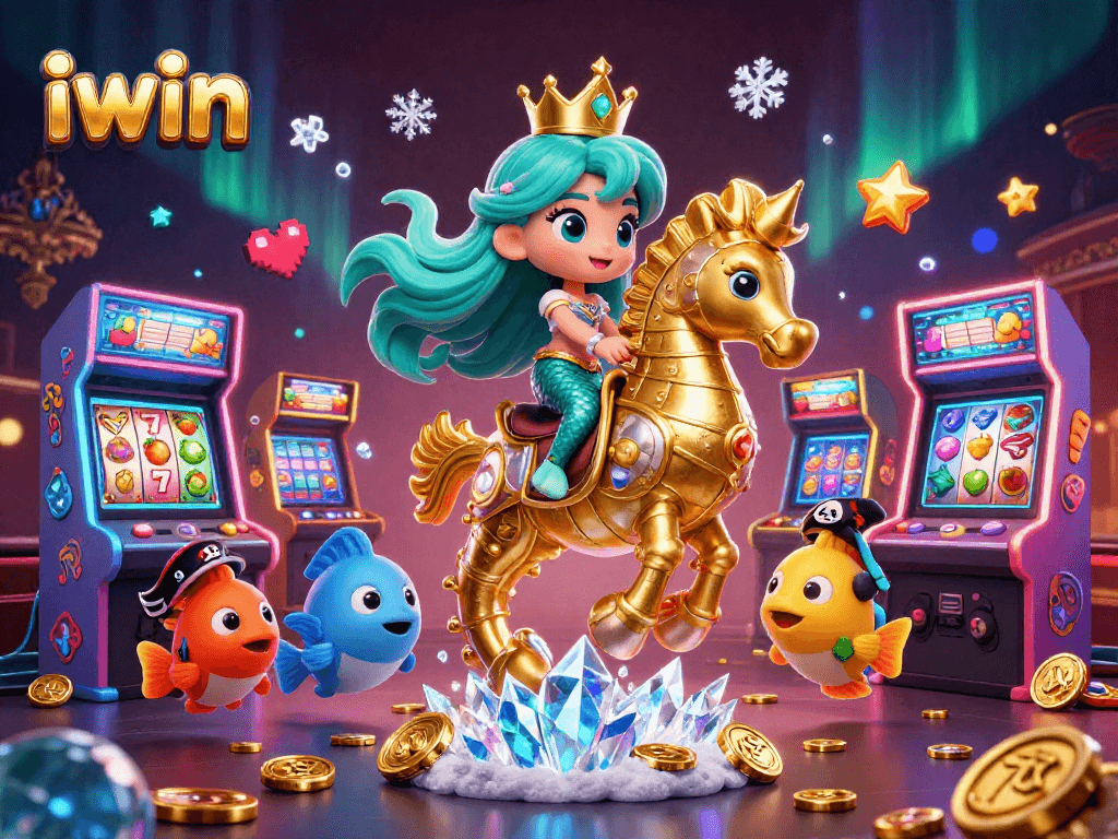 Spin the reels at iwin with a vibrant underwater casino scene featuring a mermaid, seahorse, and playful fish