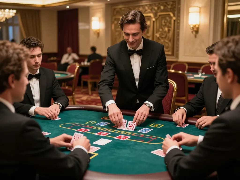 78wintl blackjack strategy in action at an upscale casino table with engaged players.