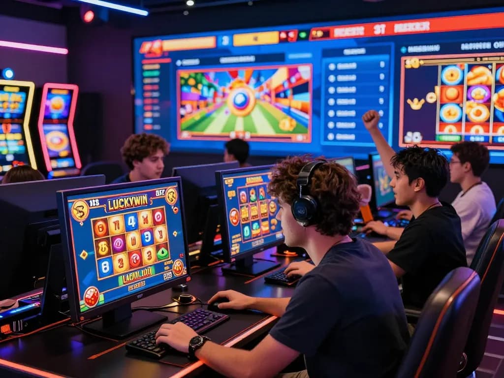 Luckywin players celebrating a win in a vibrant online gaming hub showcasing digital games.