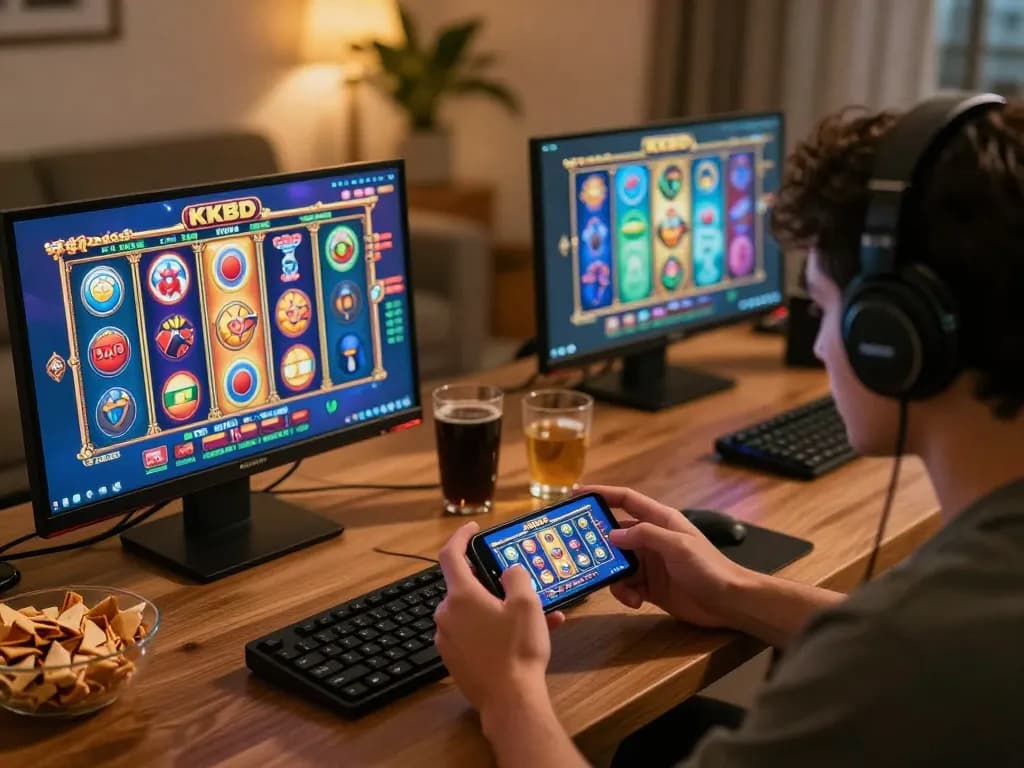 Engaging in KKBD Bangladesh slots with vibrant graphics on a mobile device in a cozy home setting