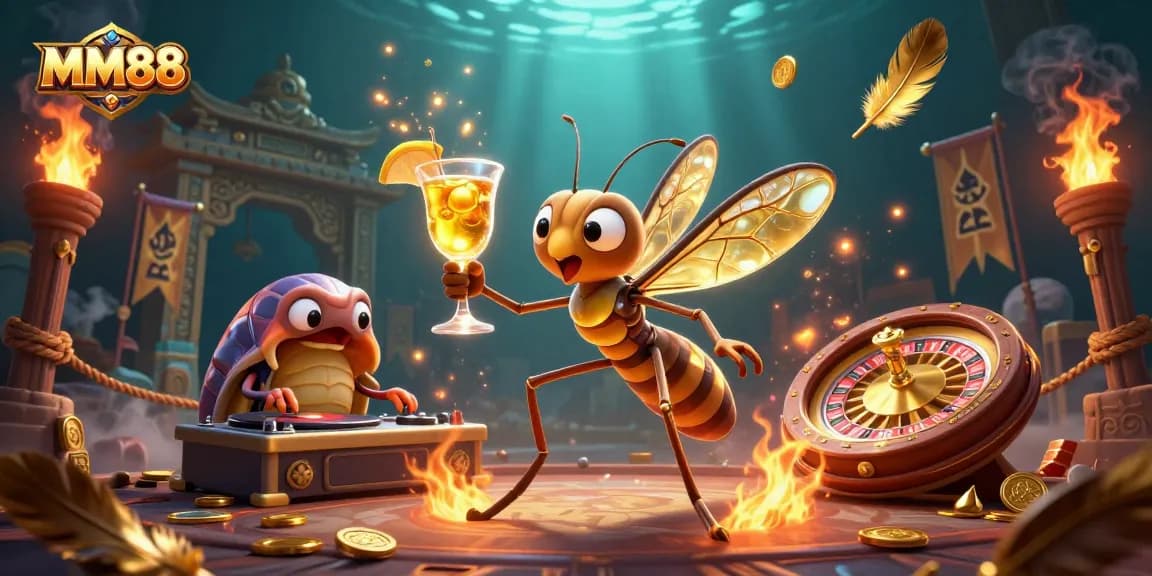 Experience MM88 with a vibrant scene of a frozen mosquito mascot and trilobite DJ amidst casino elements