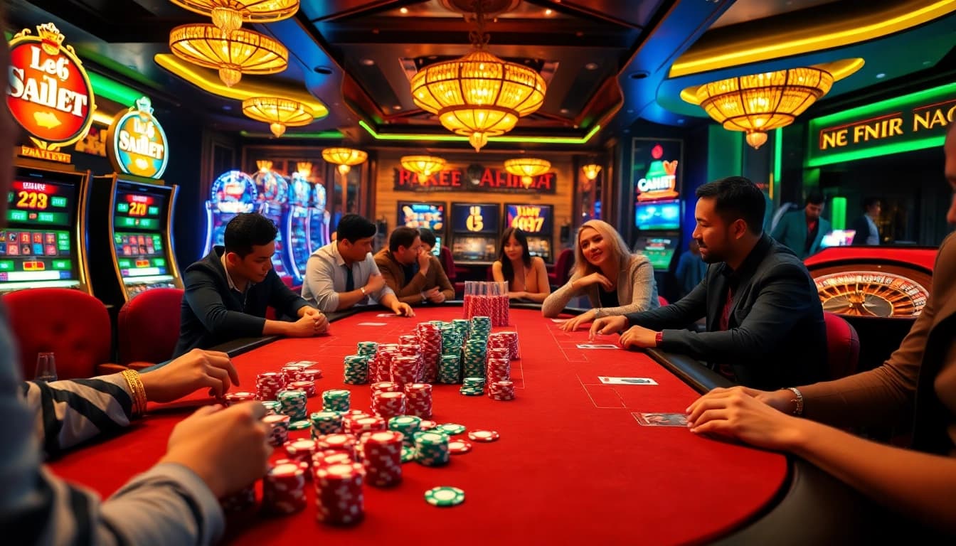 Experience the thrill of de bet at an upscale casino table with vibrant poker chips and players in action.