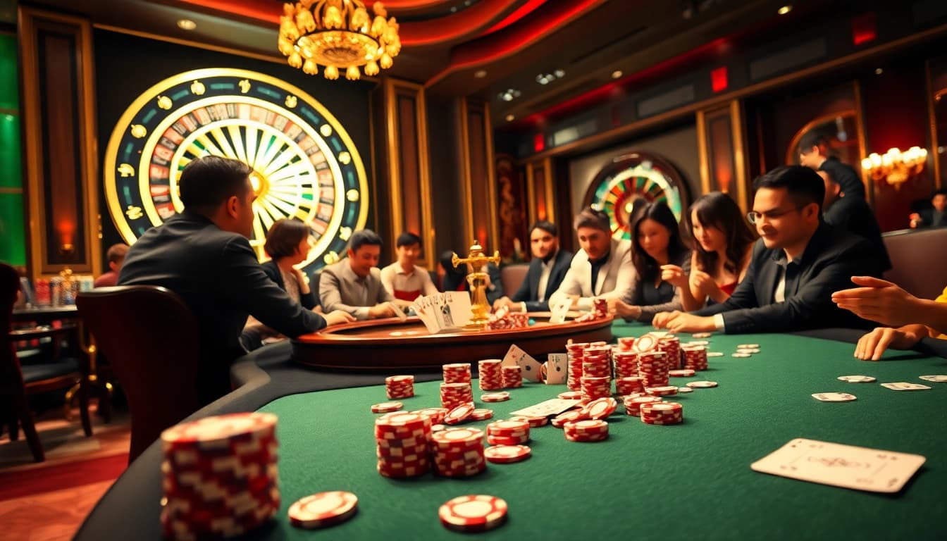 Excited gamblers engage in strategic games at Jun88's luxurious casino table with vibrant poker chips.