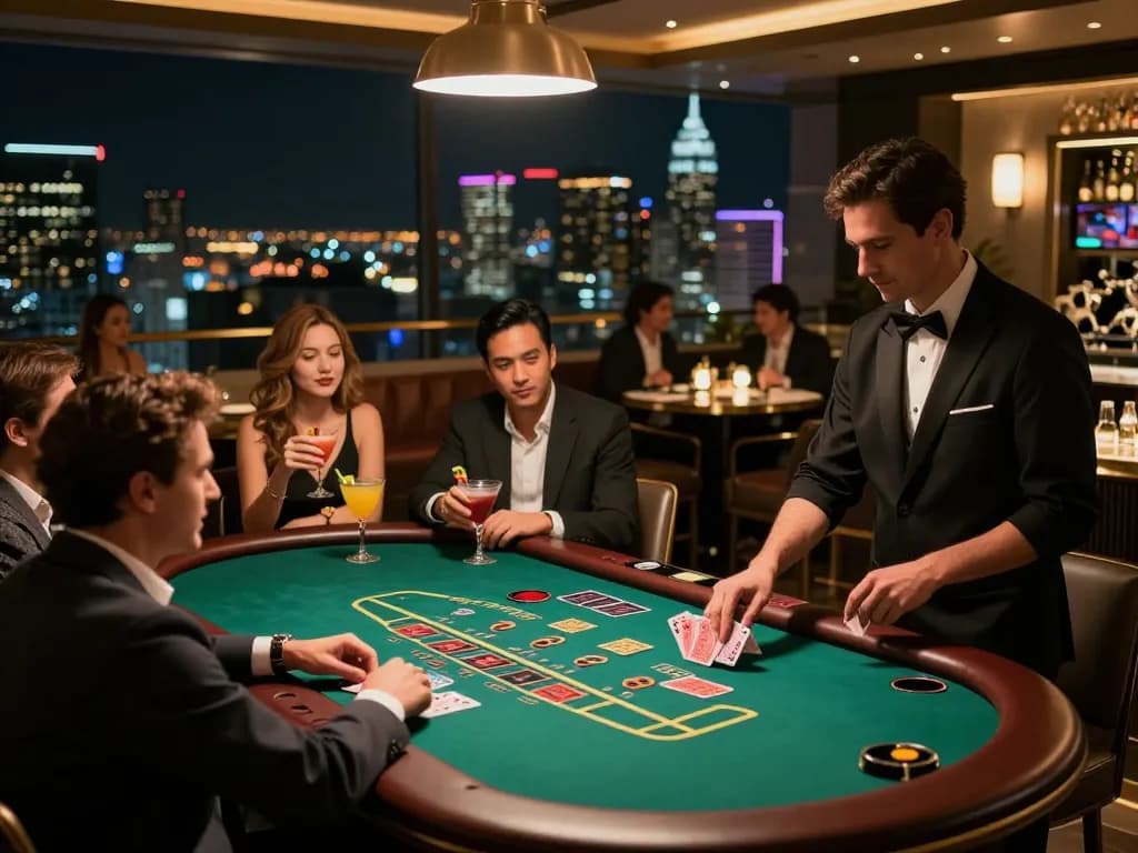 Experience high-stakes gameplay at cm88's rooftop casino bar with stunning skyline views.