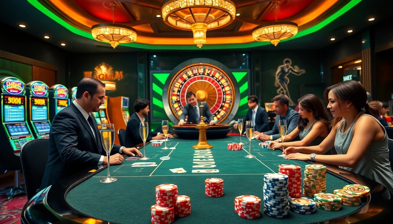 A lively casino scene at hubet.com showcasing players and dealers at a poker table with vibrant slot machines.
