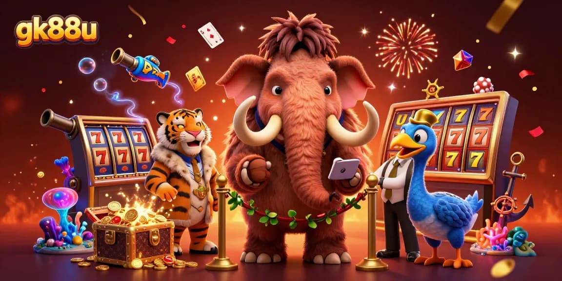 gk88u showcases a vibrant casino scene with a mammoth bouncer, saber-tooth guest, and dodo doorman.
