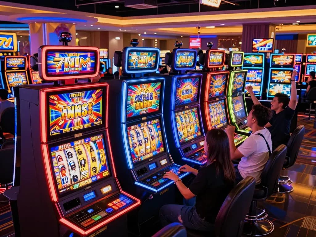 Players celebrating wins while enjoying thrilling 7M slot machines in a vibrant casino atmosphere