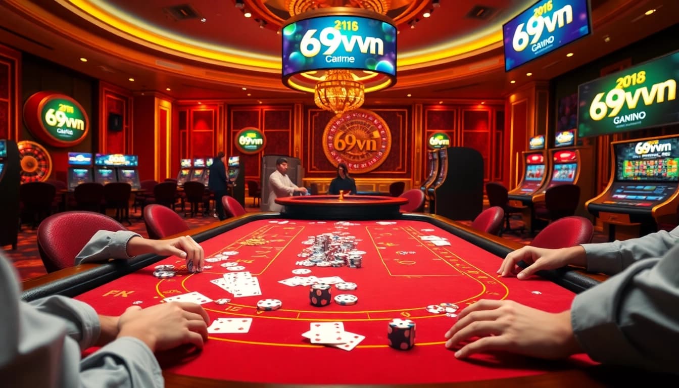 Experience the thrill of 69vn game with vibrant casino visuals featuring gambling tables and excited players.
