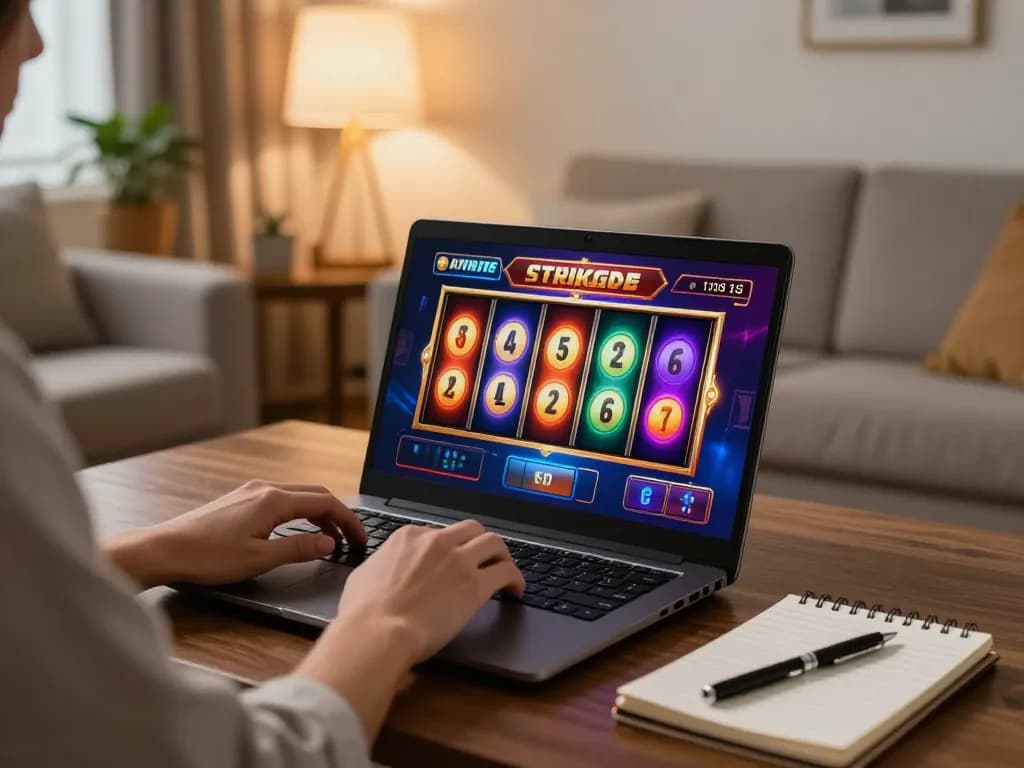 Play slots on mu88 laptop in cozy home setup with vibrant graphics and strategy notes.