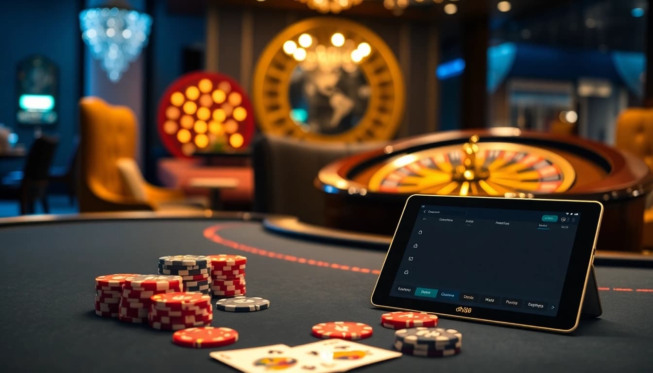 Experience the thrill of gambling at dh88.us with vibrant poker chips on an elegant casino table.