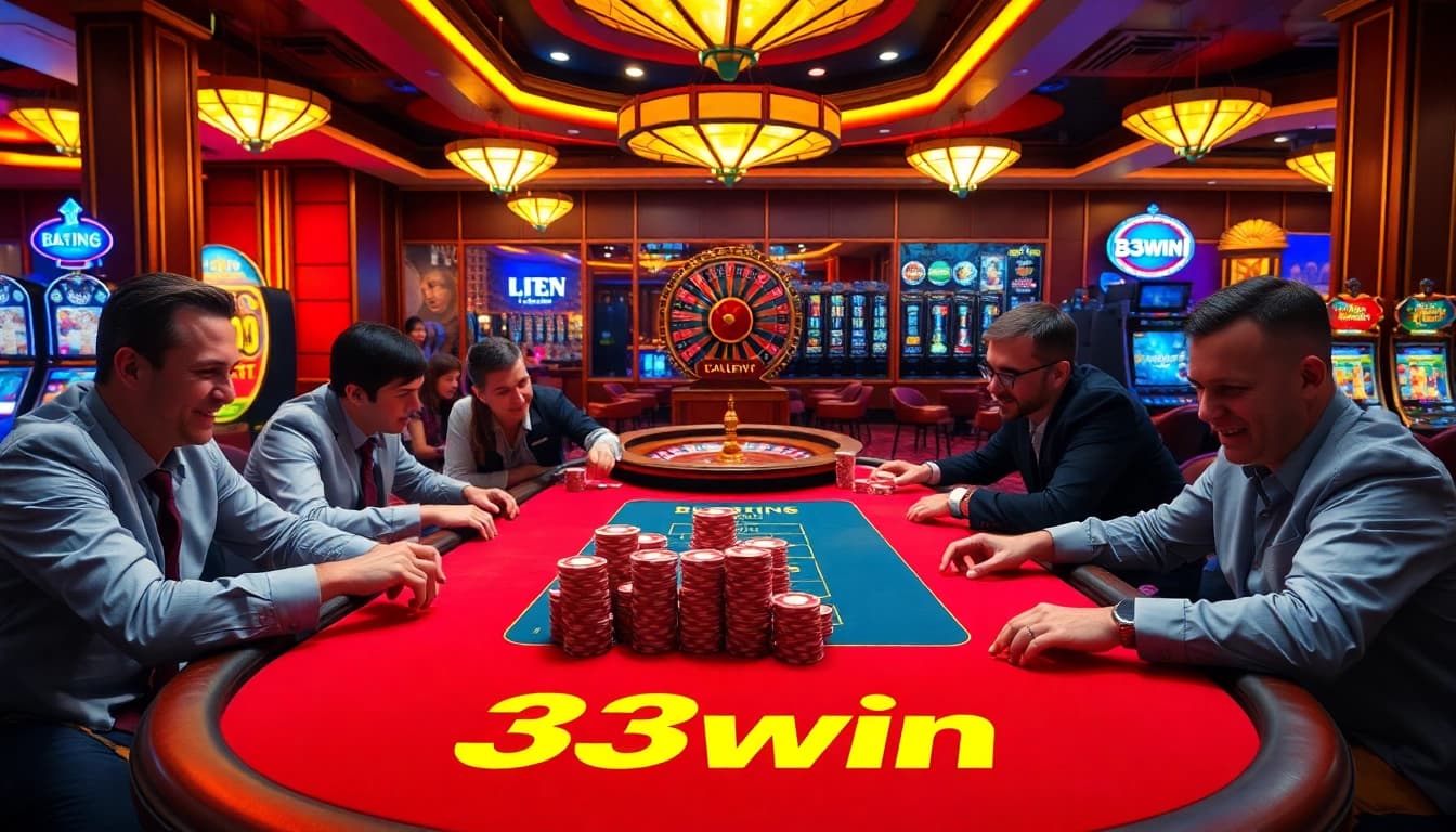 Players engaging in a high-stakes poker game at 33win with vibrant casino aesthetics.
