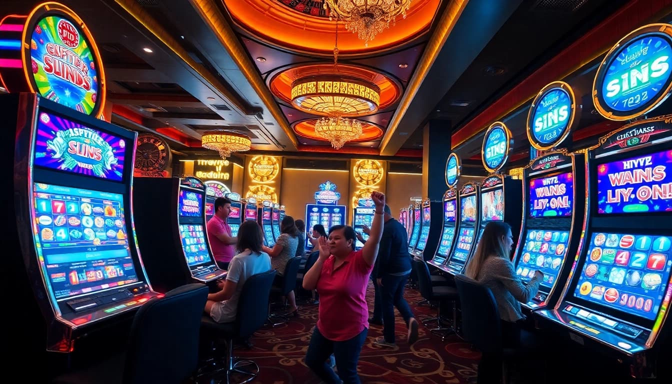 Winning players celebrate at vibrant slot gacor machines in a luxurious casino setting.