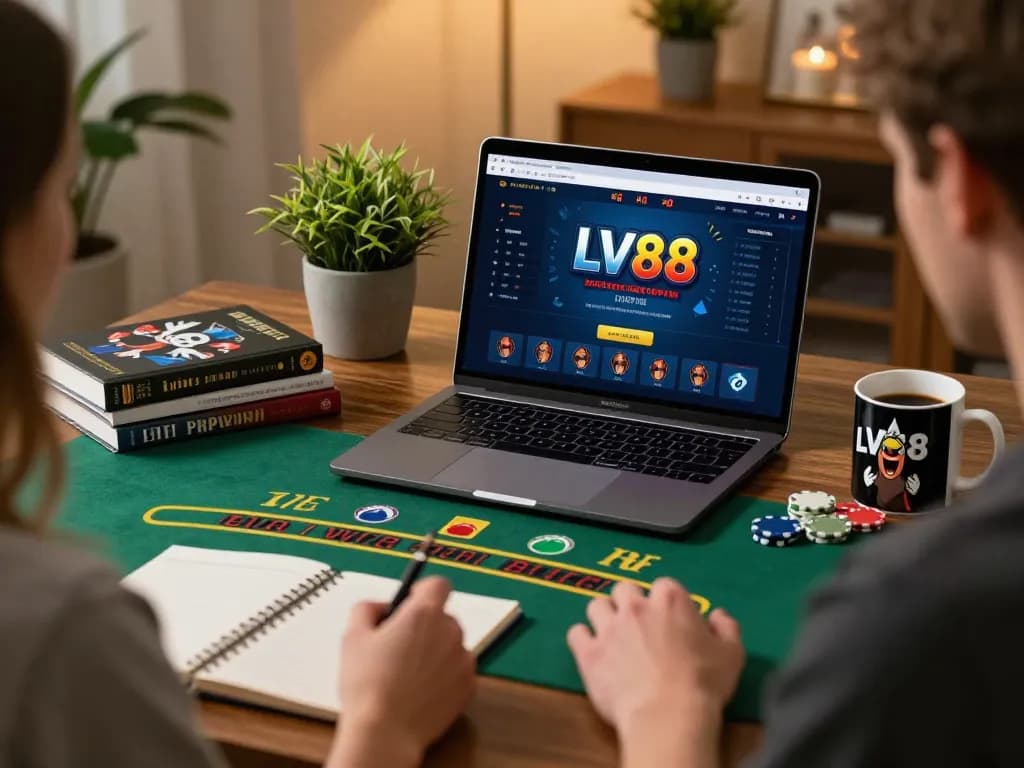 Player engaging with LV88 online casino blackjack game on a laptop, showcasing strategic gameplay in a cozy environment