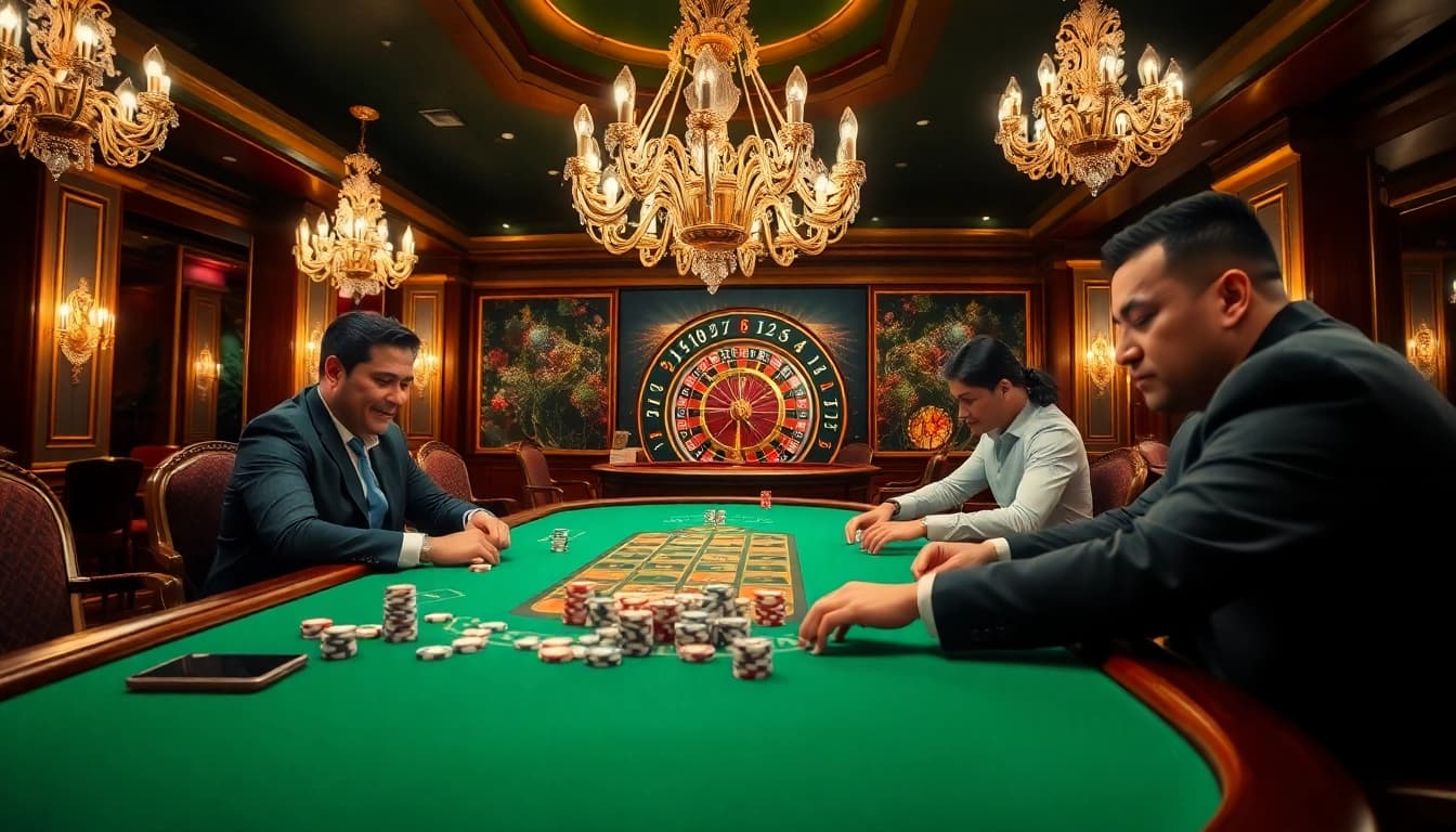 Players strategizing at a poker table within the luxurious RR88 casino environment.