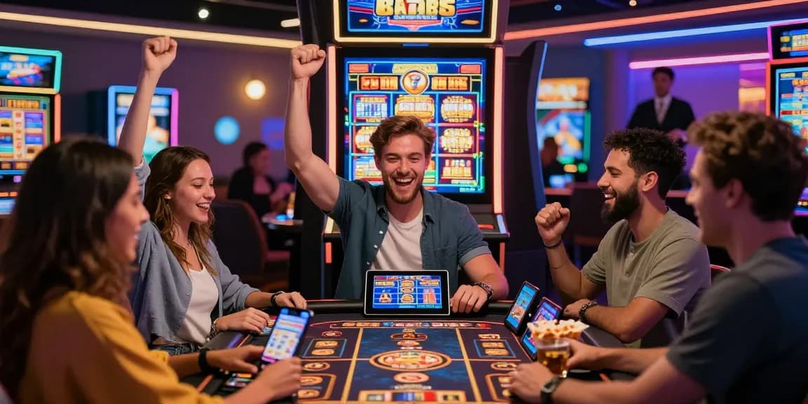 Exciting scene at casinos not on GamStop with players enjoying online gaming on vibrant screens and tablets in a lively atmosphere.