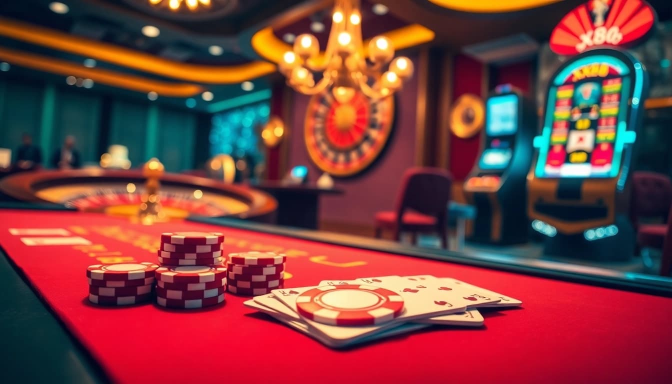 Engaging poker table scene with XX88 chips and cards, echoing luxury and excitement.